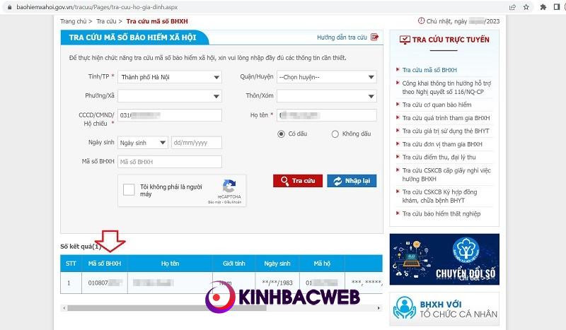 Kết quả tra cứu mã số BHXH.