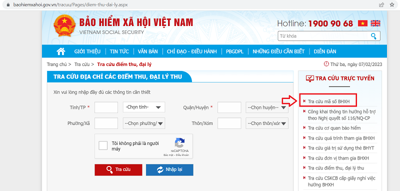 Chọn mục Tra cứu mã số BHXH.