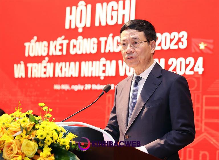 Bộ trưởng Nguyễn Mạnh Hùng phát biểu tại hội nghị sáng 29/1 ở Hà Nội. Ảnh: Phạm Văn Thừa