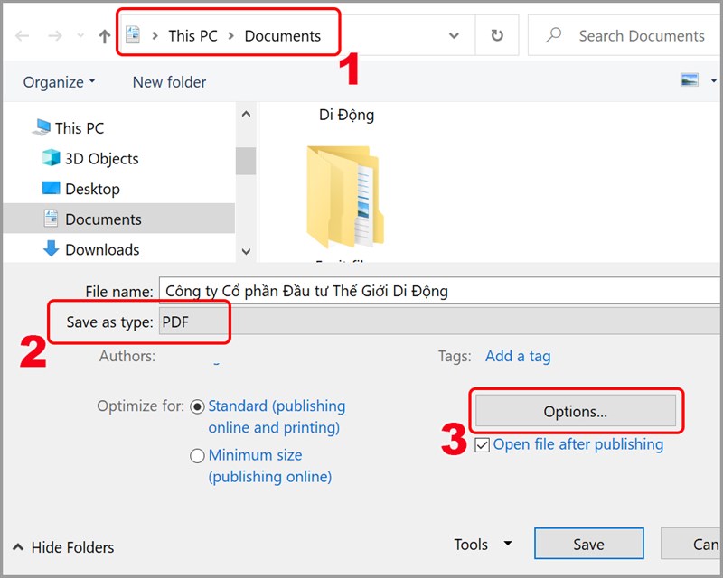 Chọn định dạng file là PDF và nhấn Options