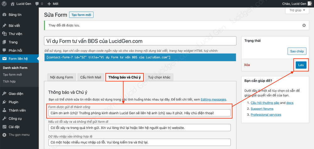 Hướng dẫn cấu hình Contact Form 7 WordPress - Chỉ cần sửa thông báo khi gửi form thành công