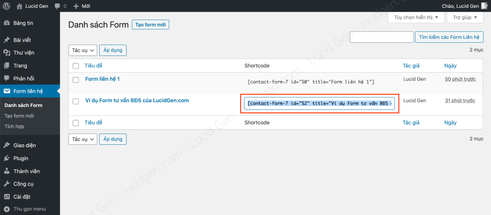 Hướng dẫn cách sử dụng Contact Form 7 - Sao chép shortcode của form vừa tạo