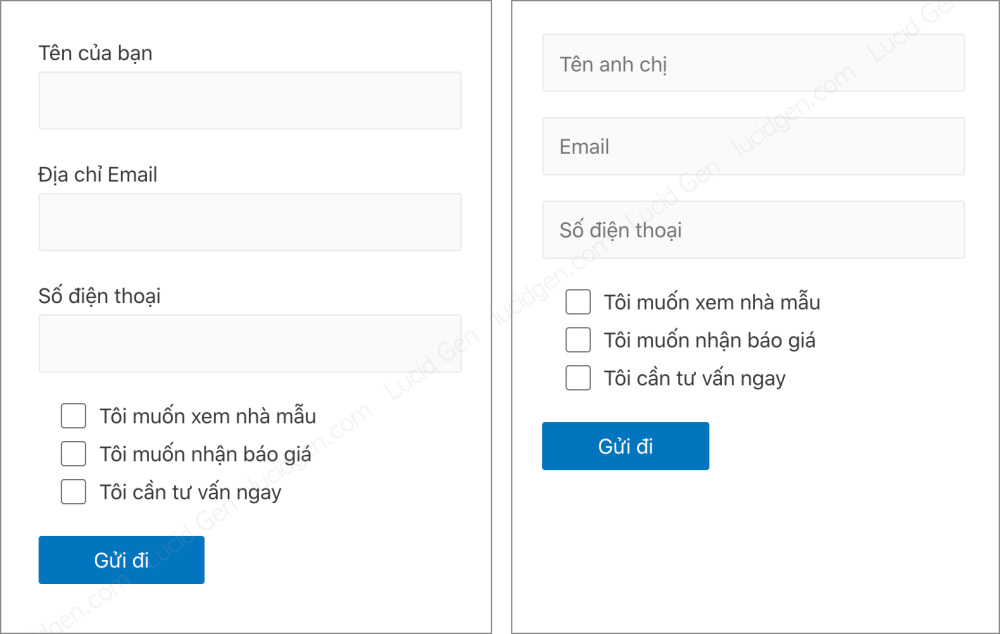 Thêm placeholder cho Contact Form 7 - Bên trái là form bình thường, bên phải là form dùng placeholder