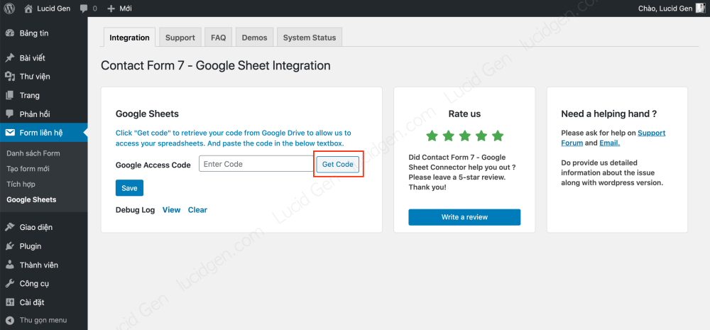 Nhấp nút Get code để kết nối Contact Form 7 với Google Sheet