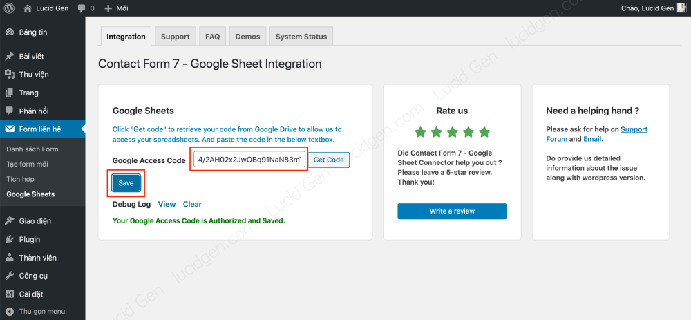 Dán mã và nhấp Save để kết nối Contact Form 7 với Google Sheet