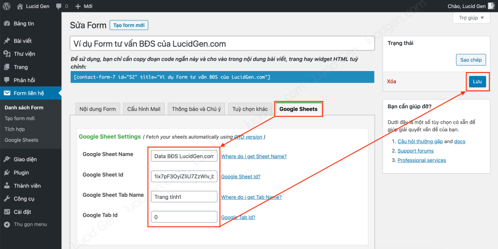 Kết nối Contact Form 7 với Google Sheet - Điền thông tin của Sheet sẽ lấy dữ liệu từ Contact Form 7
