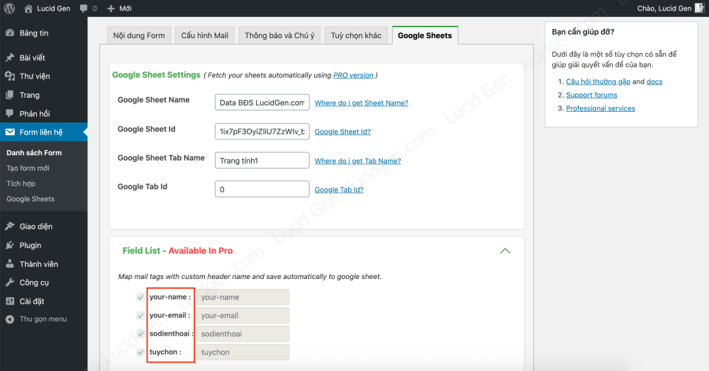 Kết nối Contact Form 7 với Google Sheet - Sao chép các tên cột để dán vào Sheet sẽ lấy dữ liệu từ Contact Form 7