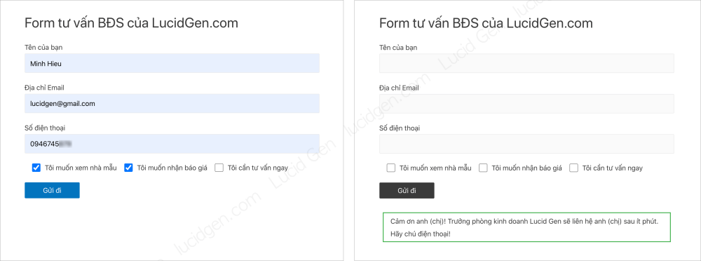 Kết nối Contact Form 7 với Google Sheet để lấy dữ liệu từ Contact Form 7 - Thử điền form tư vấn bất động sản, trong vai khách muốn xem nhà mẫu và nhận báo giá