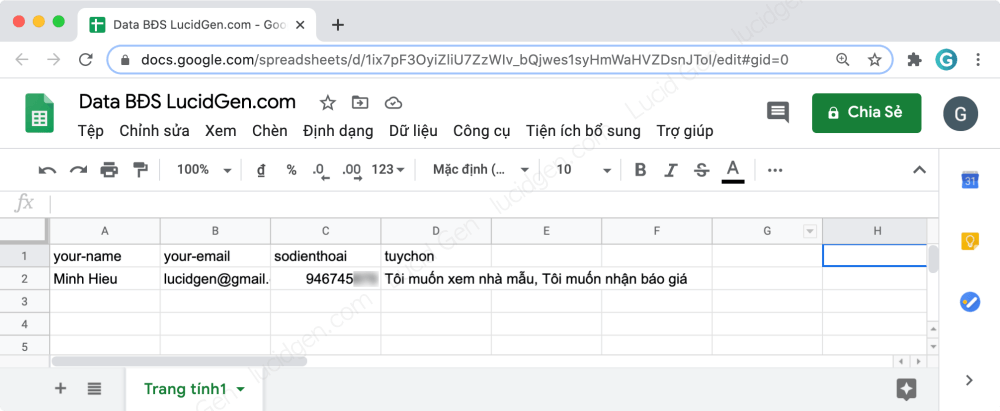 Kết nối Contact Form 7 với Google Sheet - Google Sheet đã lấy dữ liệu từ Contact Form 7