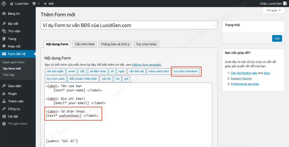 Hướng dẫn cấu hình Contact Form 7 WordPress - Thêm nhãn cho ô điền số điện thoại, sau đó nhấp nút Tùy chọn checkbox