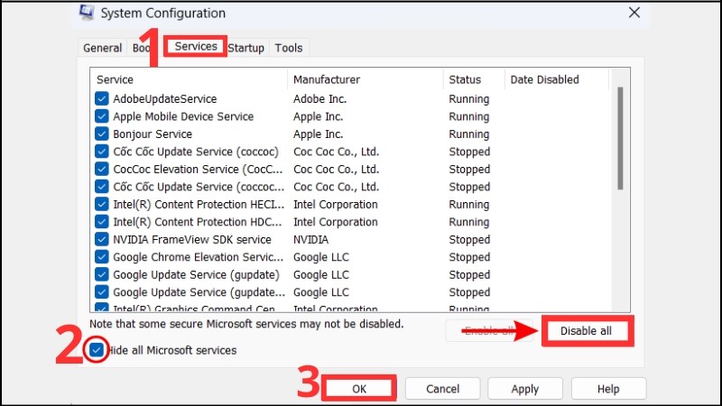 Tích vào ô Hide all Microsoft services và chọn Disable All