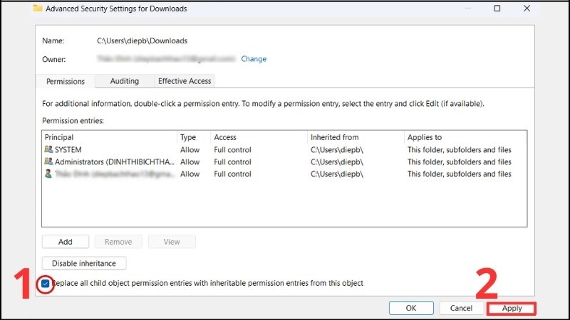 Tích chọn Replace all child object permission entries with inheritable permission entries from this object 