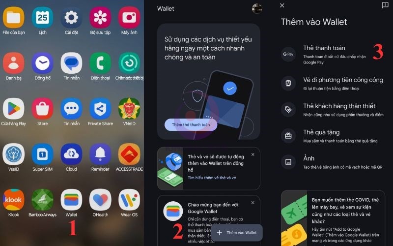 Mở app, chọn Thêm vào Wallet và Thêm thẻ thanh toán