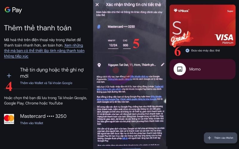 Chọn (+) thẻ tín dụng hoặc thẻ ghi nợ mới, nhập thông tin thẻ và có thể dùng để thanh toán